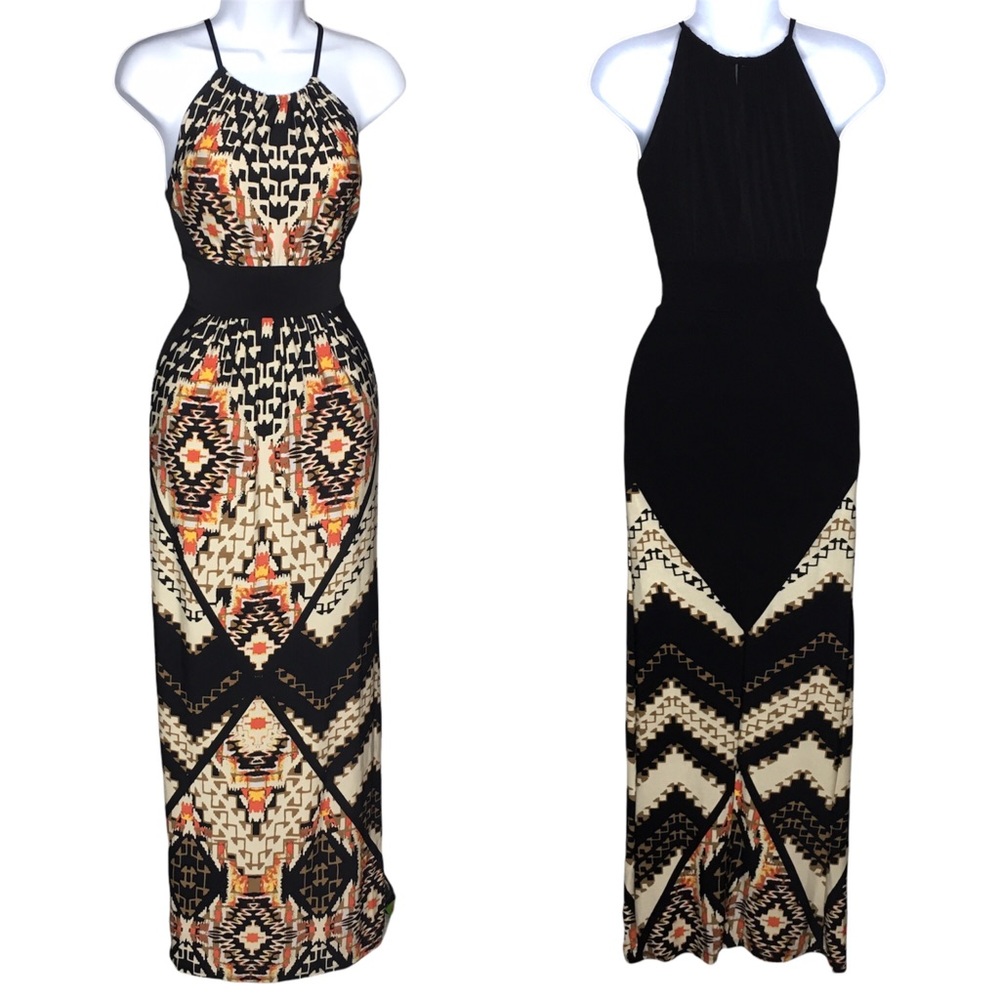 Maggy London Aztec Geometric Print Halter Maxi Full Length Dress Multicolor Sz 4